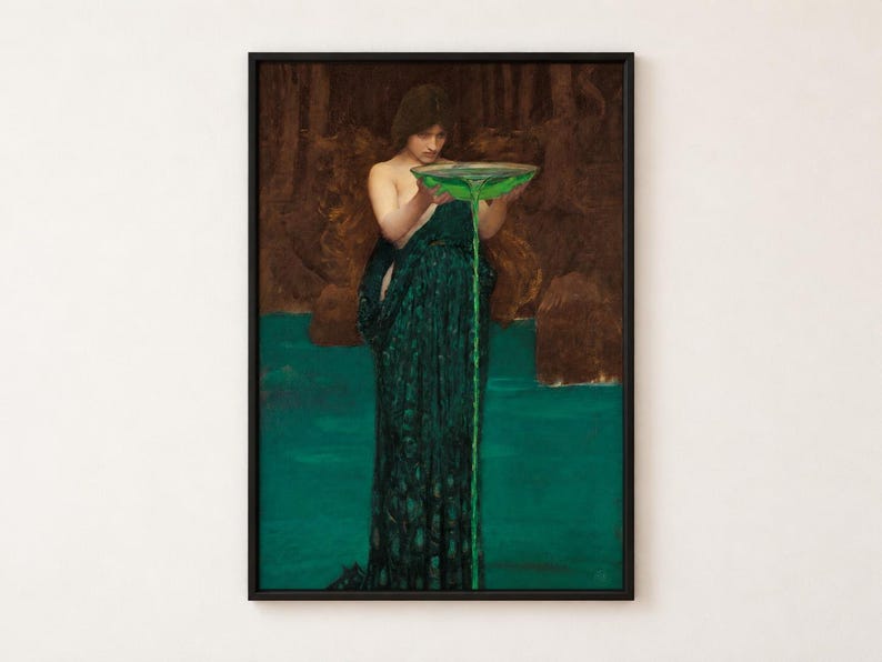 May include: A framed art print depicting a figure with dark hair wearing a long, dark green dress. The figure holds a shallow bowl filled with a vibrant green liquid that pours downward in a thin stream into a pool of matching green water.