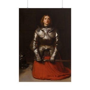 May include: A painting of a person with light brown hair wearing polished silver plate armor over a long, solid red skirt. The figure is kneeling, looking upward, and holding a sword horizontally across their lap with both hands.