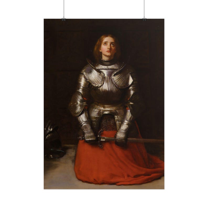 May include: A painting of a person with light brown hair wearing polished silver plate armor over a long, solid red skirt. The figure is kneeling, looking upward, and holding a sword horizontally across their lap with both hands.