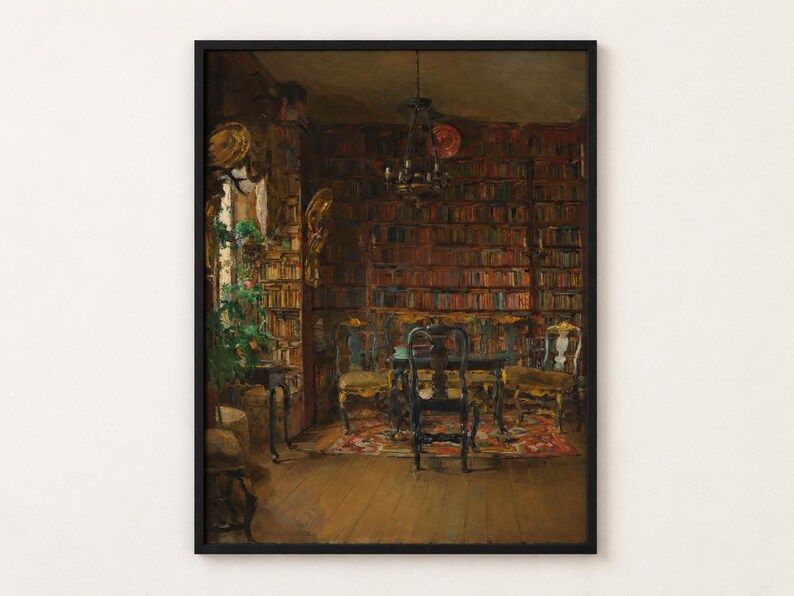 Thorvald Boeck's Library by Harriet Backer poster, book-lined room lit by daylight