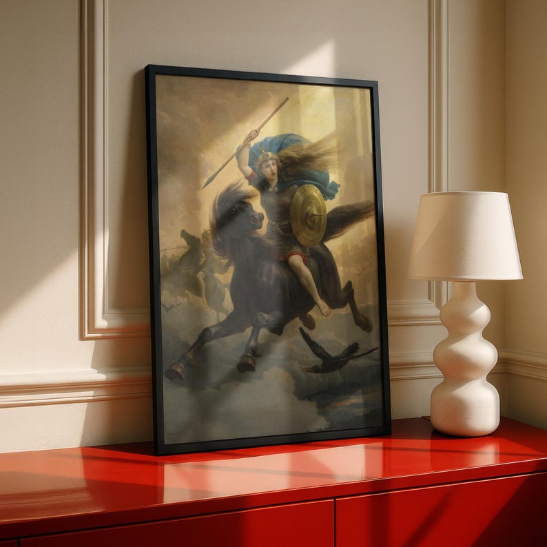 Valkyrie on Black Horse, Norse Mythology Wall Art, Peter Nicolai Arbo Painting, Viking Warrior Art