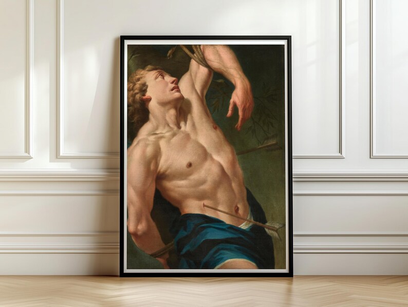 Baroque Saint Sebastian Martyr painting in a black frame on a paneled wall
