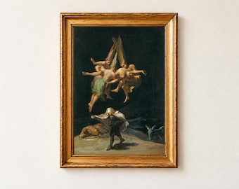 Grafika „Lot czarownic”, Francisco Goya, 1798, sztuka gotycka, plakat w stylu czarowniczego mrocznego romantyzmu