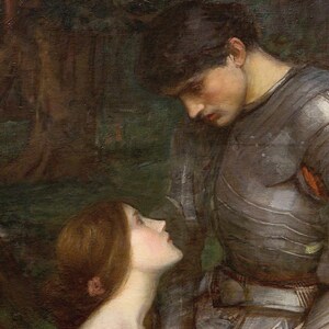 May include: An oil painting depicting a person with dark hair wearing metallic gray plate armor, looking down at another person with reddish-brown hair who is looking upward. The figures are set against a dark, muted green forest background.