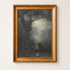 Deer in the Forest by Eugen Krüger. A misty moonlit forest of old oaks, with the moon glowing through the leaves and a stag with tall antlers standing in a clearing beside a small pool.