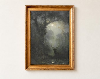 Deer in the Forest Print, Eugen Kruger Moonlit Stag Painting, Dark Forest Wall Art Poster