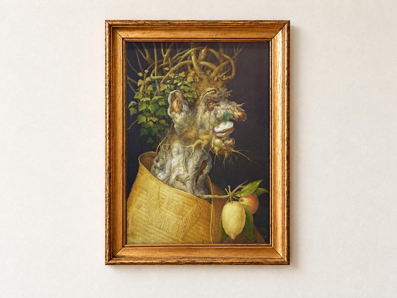 Winter by Giuseppe Arcimboldo, 1563. A head in profile made from a gnarled tree stump with fungus for lips, twigs and ivy for hair and a woven straw cloak hung with a lemon and an orange, against a dark background.