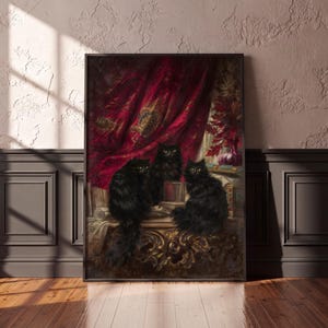 Three Black Cats Vintage Oil Painting Poster, Gothic Wall Art, Crimson Velvet Curtain