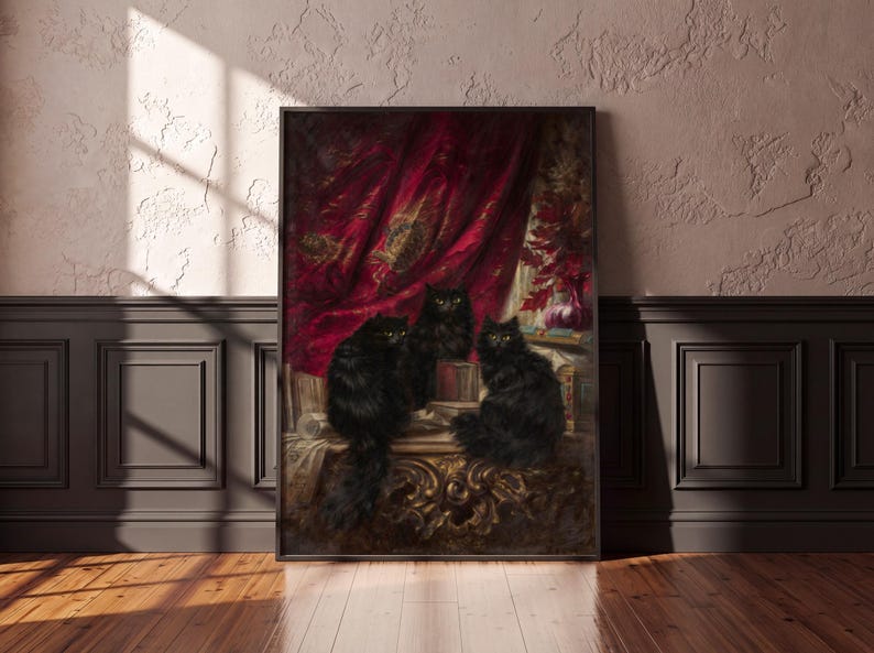 Three Black Cats Vintage Oil Painting Poster, Gothic Wall Art, Crimson Velvet Curtain
