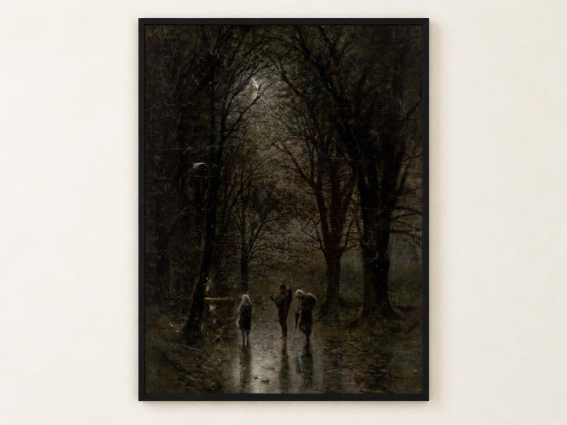 Night Travellers at a Cross by Mednyanszky poster, three figures praying at a wayside cross in a dark forest