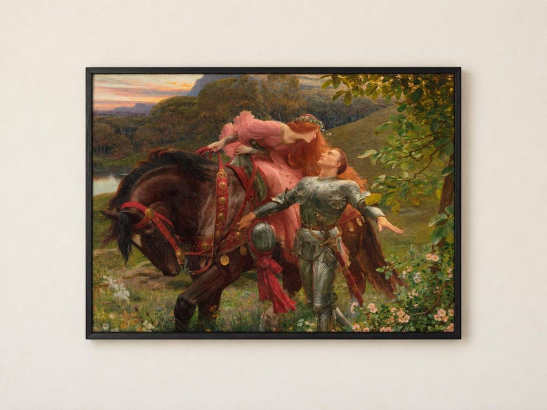 May include: A framed art print depicting a scene with a person in a pink dress riding a dark brown horse, while a person in silver plate armour stands beside the horse in a grassy landscape with trees and a sunset sky in the background.