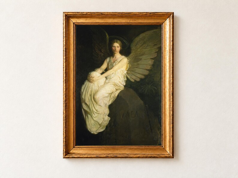 Stevenson Memorial by Abbott Handerson Thayer, 1903, as a framed print in an antique gold frame on a cream wall. A winged angel in flowing white robes sits on a stone carved with the word Vailima, keeping watch in memory of Robert Louis Stevenson.