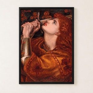 Joan of Arc by Rossetti poster, red-haired woman in armour holding a sword