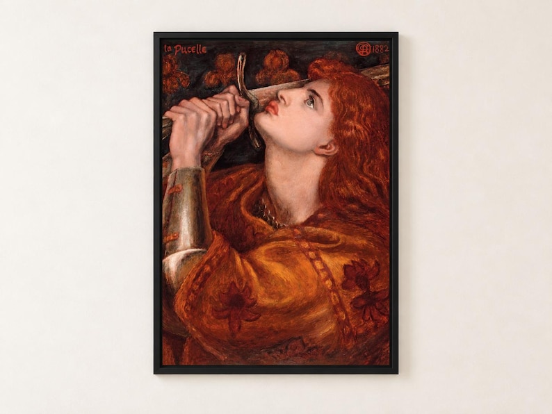 Joan of Arc by Rossetti poster, red-haired woman in armour holding a sword