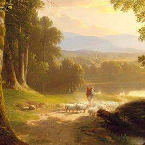 Close-up of The Beeches by Asher Brown Durand: the shepherd and his sheep on the sunlit path.