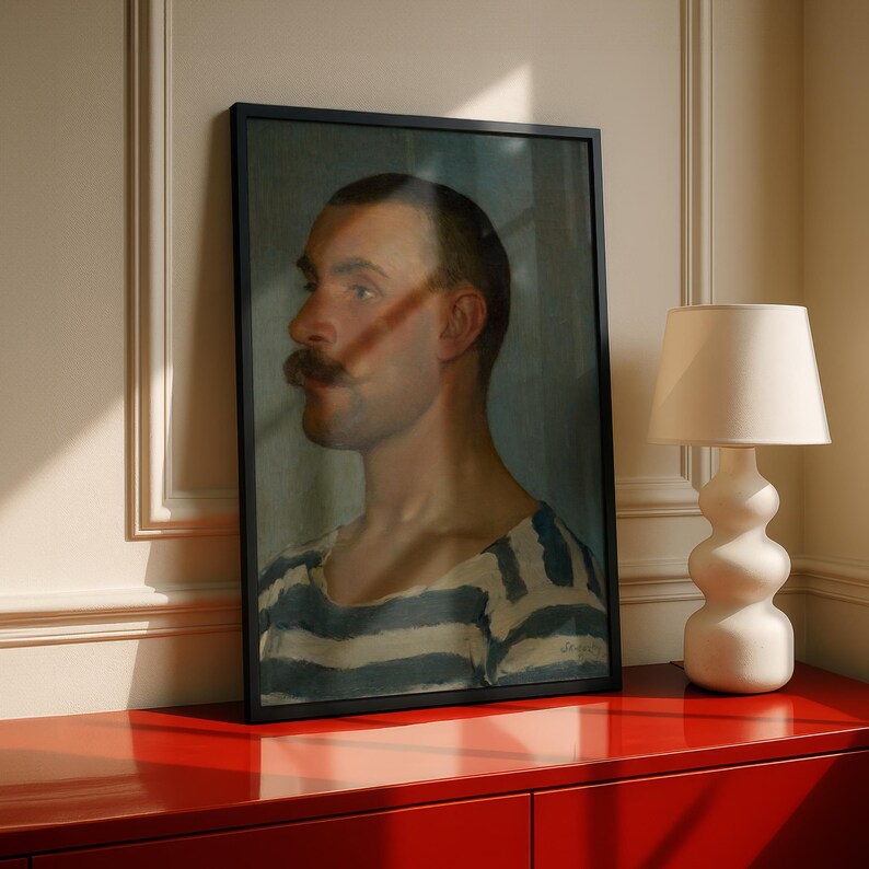 Gondolier Portrait Print, Vintage Oil Painting Poster, Striped Shirt Man Profile, Skutecky 1903