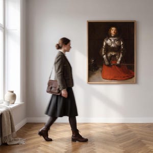 May include: A framed rectangular wall art print depicting a person in polished silver metal plate armor and a long red skirt, holding a sword. The artwork is displayed on a plain wall, showcasing the detailed metallic reflections and the vibrant red fabric of the garment.