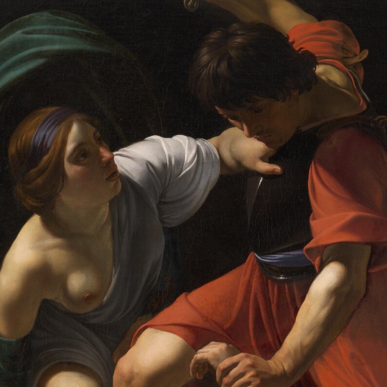 May include: An oil painting depicting two figures in a dark setting. One figure wears a white garment and a purple headband, while the other figure is dressed in a red tunic over a dark breastplate, with a blue sash around the waist.