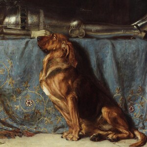 Close-up detail of Requiescat by Briton Riviere, 1888. A bloodhound sits in mourning beside the armoured body of its fallen knight, laid on a blue embroidered cloth.