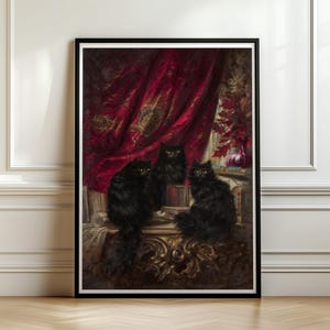 Three Black Cats Vintage Oil Painting Poster, Gothic Wall Art, Crimson Velvet Curtain