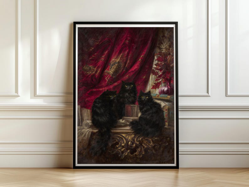 Three Black Cats Vintage Oil Painting Poster, Gothic Wall Art, Crimson Velvet Curtain