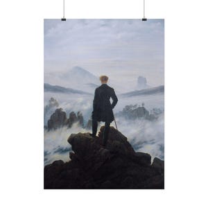 May include: A painting depicting a person with reddish hair seen from behind, wearing a dark coat and trousers, standing on a jagged dark rock formation. The figure holds a walking stick while overlooking a vast landscape of fog and mountains.