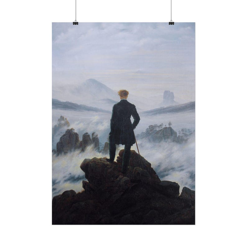 May include: A painting depicting a person with reddish hair seen from behind, wearing a dark coat and trousers, standing on a jagged dark rock formation. The figure holds a walking stick while overlooking a vast landscape of fog and mountains.