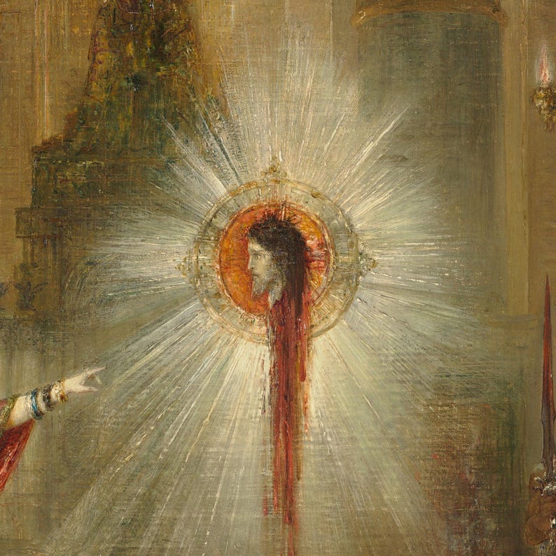 Close-up detail of The Apparition by Gustave Moreau, 1876 to 1877. The severed head of John the Baptist floats in a halo of white rays inside a gilded palace, blood dripping below, with Salome's pointing hand at the edge.