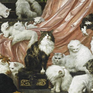 Close-up of My Wife's Lovers by Carl Kahler, 1891. A long-haired brown tabby and white cat with blue eyes sits on a carved gilded chest at the centre, surrounded by white Angora cats and kittens on rose silk.
