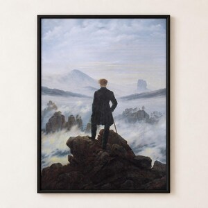 Wanderer above the Sea of Fog by Caspar David Friedrich poster, man on a rocky peak looking over misty mountains