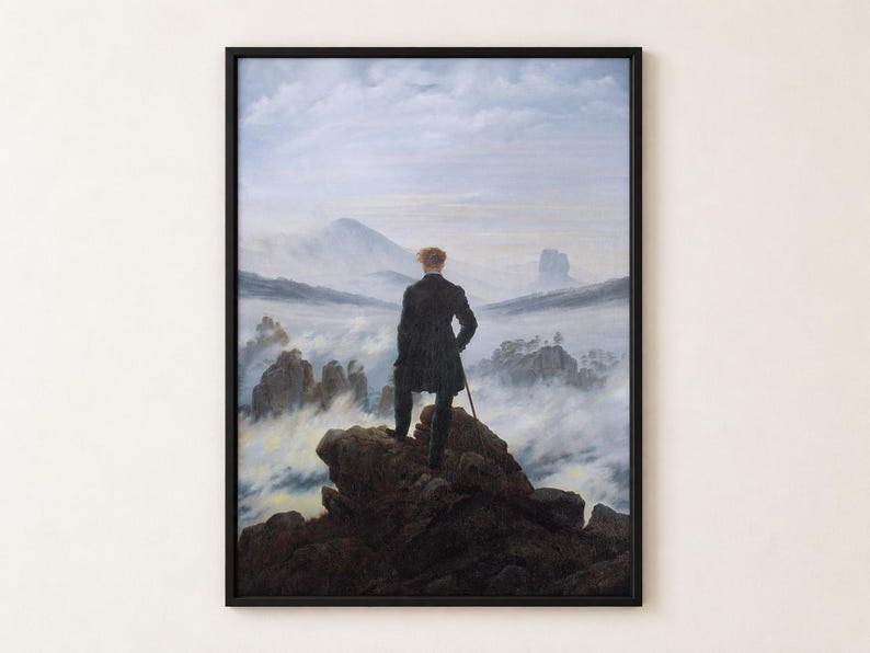 Wanderer above the Sea of Fog by Caspar David Friedrich poster, man on a rocky peak looking over misty mountains