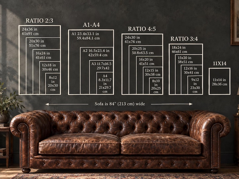 May include: A brown tufted leather sofa positioned below a wall chart displaying various print size ratios including 2:3, A1-A4, 4:5, 3:4, and 11x14. The chart lists dimensions in inches and centimeters, noting the sofa is 84 inches wide.
