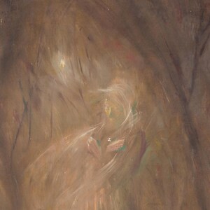 May include: An oil painting on canvas featuring a central figure with long, flowing white hair, rendered in muted brown and earthy tones. The composition uses soft, blurred brushstrokes to depict a hazy, ethereal atmosphere with light.