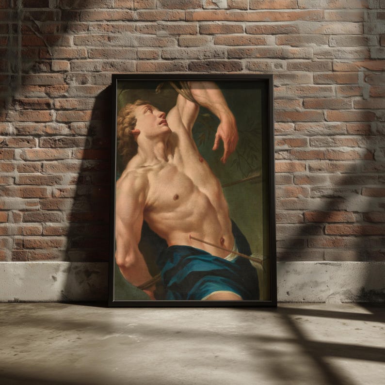 Saint Sebastian Martyr painting in a black frame on a brick wall