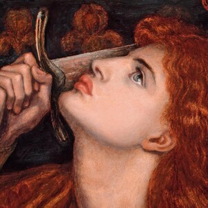 May include: An oil painting detail showing a person with vibrant red hair looking upward. A hand holds a metallic curved blade near the chin. The background is dark with faint reddish floral shapes. The person has pale skin and red lips.