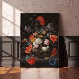Dutch Golden Age Floral Still Life, Vintage Flower Painting, Dark Moody Wall Art, Mignon Art Print