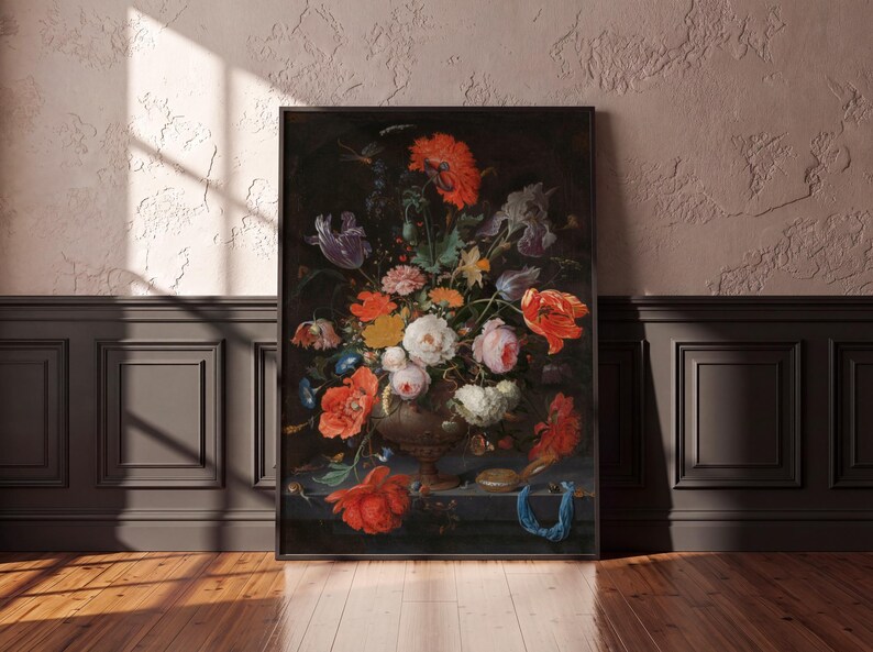 Dutch Golden Age Floral Still Life, Vintage Flower Painting, Dark Moody Wall Art, Mignon Art Print
