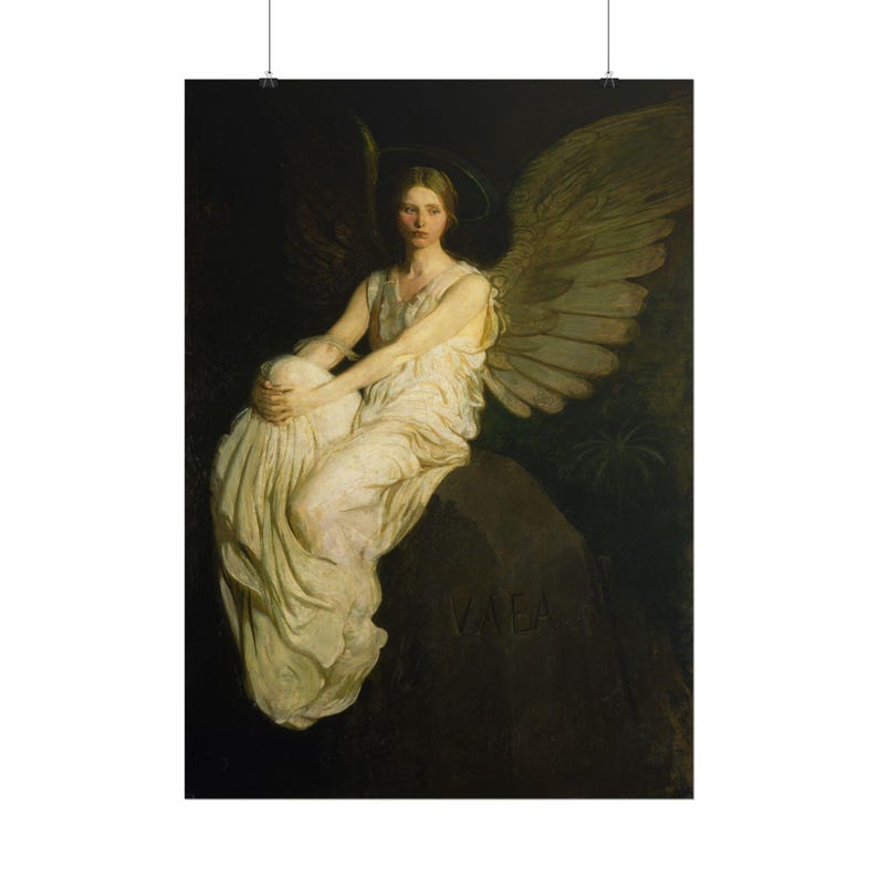 May include: A painting of a winged figure with a halo, wearing a flowing white garment, seated on a dark stone block inscribed with the letters VAEA. The figure has large, feathered wings and is set against a dark, moody background.