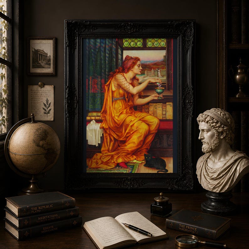 The Love Potion Print, Evelyn De Morgan 1903 Pre Raphaelite Wall Art, Black Cat Poster