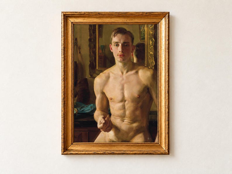 The Boxer by Konstantin Somov, 1933, as a framed print in an antique gold frame on a cream wall. A portrait of the young boxer Boris Snezhkovsky, a fair-haired, muscular figure painted in warm tones against a dark olive and gold interior.