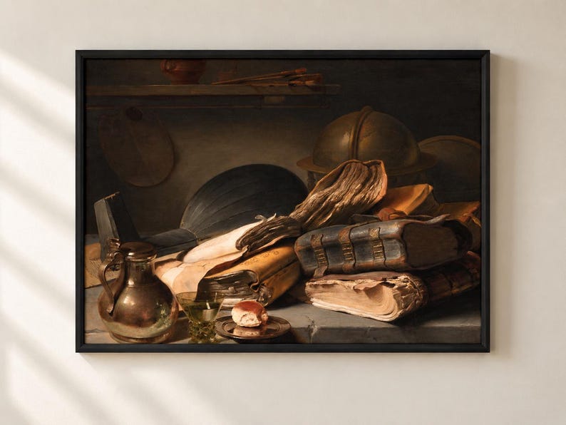 Still Life with Books by Jan Lievens poster, old books, lute case and globe on a table
