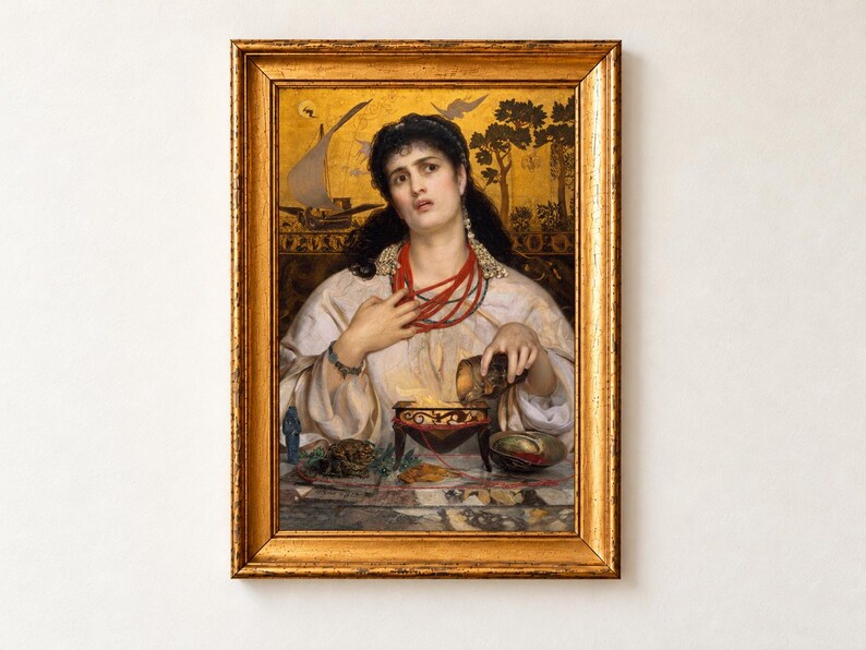Medea by Frederick Sandys, 1868, as a framed print in a black frame on a cream wall. A dark-haired woman in a white robe and coral necklaces pours a potion into a glowing brazier, with the ship Argo and the Golden Fleece painted on a gold background behind her.