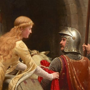 Close-up of God Speed by Edmund Blair Leighton: the lady tying the red favour to the knight's arm.