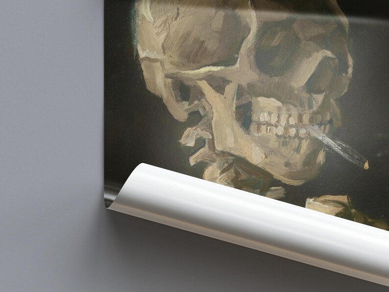 Skull with Burning Cigarette Van Gogh, Vintage Skeleton Wall Art, Gothic Memento Mori Poster