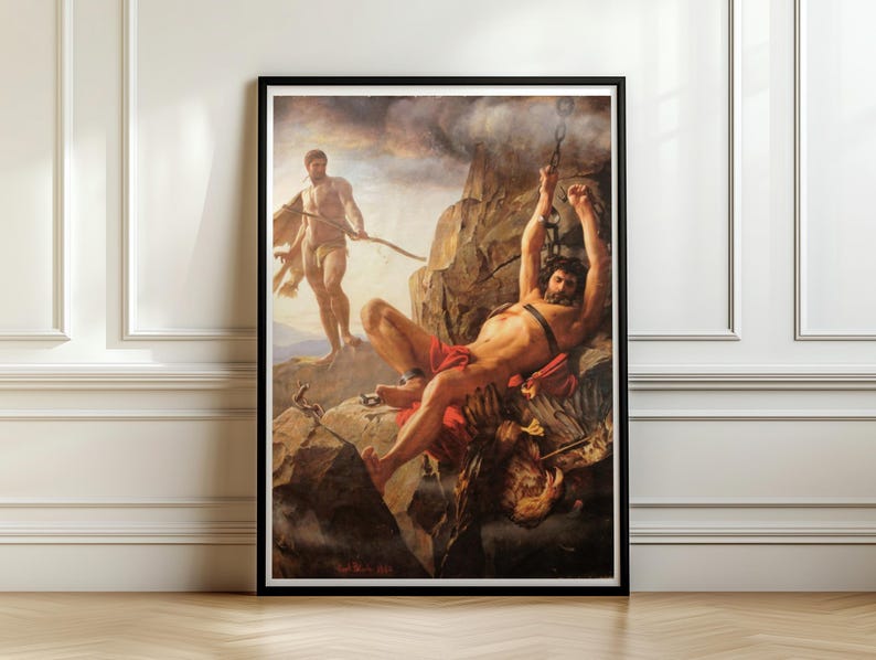 Prometheus Unbound Print, Carl Bloch Greek Mythology Wall Art, Hercules and Eagle Oil Painting