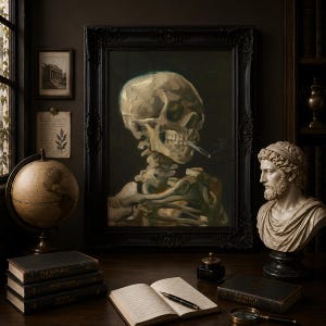 Skull with Burning Cigarette Van Gogh, Vintage Skeleton Wall Art, Gothic Memento Mori Poster