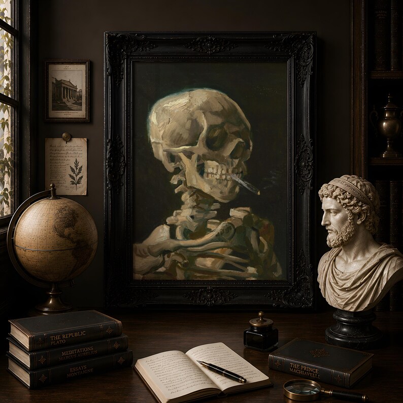Skull with Burning Cigarette Van Gogh, Vintage Skeleton Wall Art, Gothic Memento Mori Poster