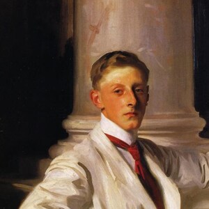 May include: An oil painting portrait of a person with light brown hair, wearing a white collared shirt and a red necktie. The person is positioned in front of a large, light-colored stone column, with dark shadows visible in the background.
