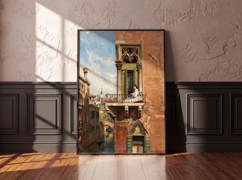 Venice Balcony Portrait Print, Anna Passini Vintage Watercolour, Venetian Canal Wall Art Poster