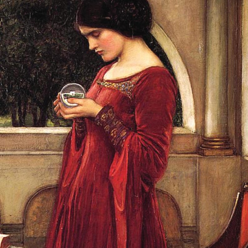 May include: A painting of a person with dark hair styled in an updo, wearing a long-sleeved, deep red dress with intricate gold and blue embroidery at the neckline and cuffs. The person holds a small, round, clear container with a green label.